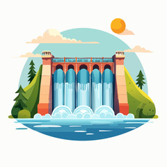 Fototapeta premium Colorful Cartoon Dam With Waterfall