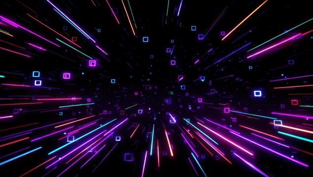Vibrant photo of dark background with neon lights and lines, in a futuristic style, with light streaks flying through the air. a video game screen with a black background and.