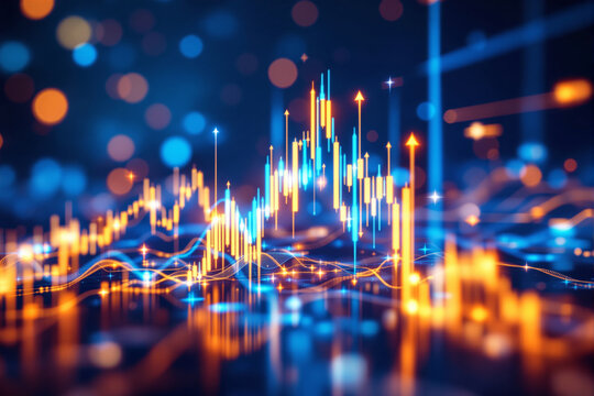 Creative glowing financial graph with colorful candlestick chart and data analysis lines on abstract blue background, symbolizing market trends and growth. Ai generative