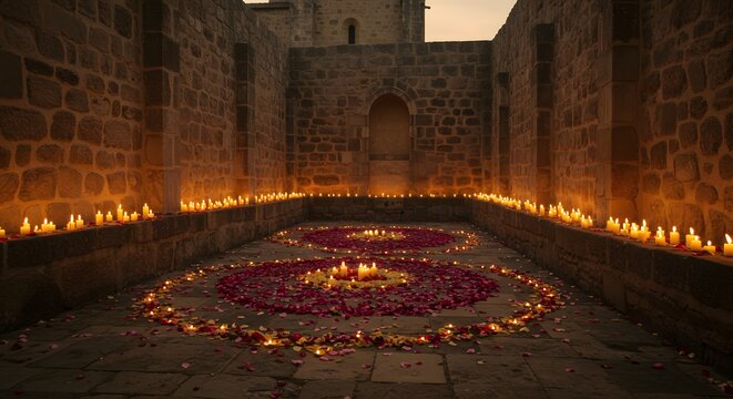 A serene stone courtyard at dusk, illuminated by hundreds of candles and two large circular flower petal mandalas on the floor.