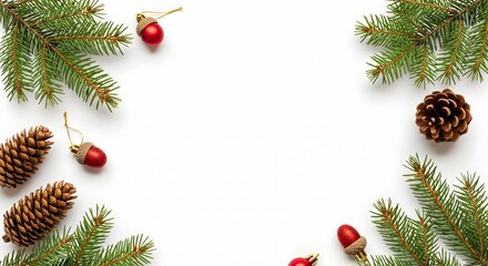 Festive christmas frame with fir branches, pine cones, and red ornaments isolated on white background perfect for holiday greetings, invitations, or seasonal designs