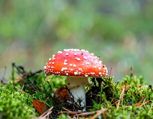 Vibrant red mushroom growing amidst lush green moss