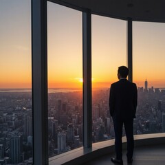 Fototapeta premium Businessman in a suit overlooking the city at sunset, contemplating success and ambition