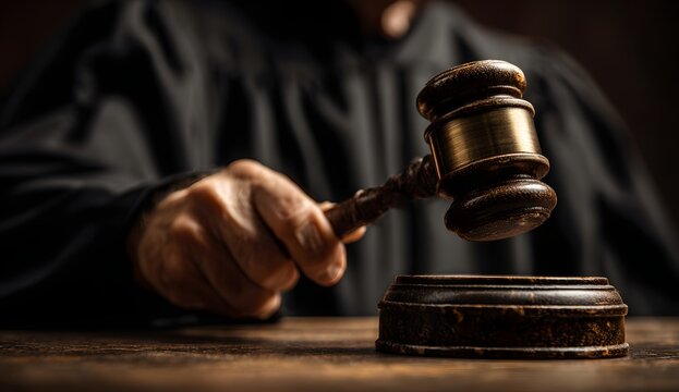 Judge striking gavel in courtroom symbolizing justice and law