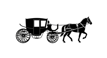 Black silhouette of a classic horse-drawn carriage with a single horse and driver.