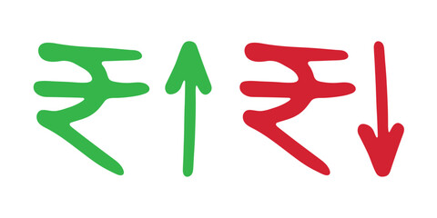 Hand drawn rupee currency symbol Growth and fall profit with arrow up and down Brush stroke doodle Element for design