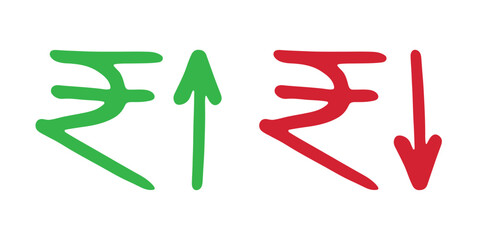 Hand drawn rupee currency symbol Growth and fall profit with arrow up and down Brush stroke doodle Element for design