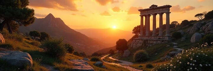 Serene view of ancient Roman ruins at sunrise, bathed in golden light; a peaceful scene ideal for meditation and reflection , mindfulness, contemplation, tranquil
