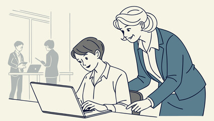 Mentoring Teamwork Business Coaching Office Illustration Laptop Workplace Collaboration Employee Training Professional Development Guidance Support Advice Assistance Cooperation Partnership Colleague.