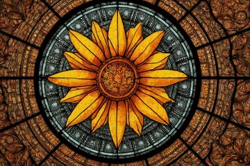 Detailed Stained Glass Sunflower Design