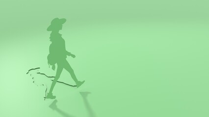 Fototapeta premium Tourist and traveler character. People travel, hiking, excursion trip. Woman with backpack. Paper cut style. 3D render.