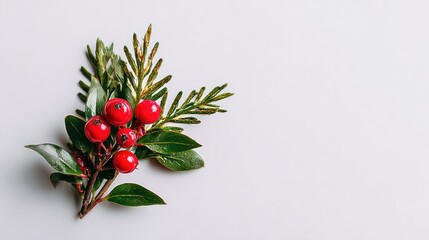 Holiday Red Berries and Green Pine Branches on White Background