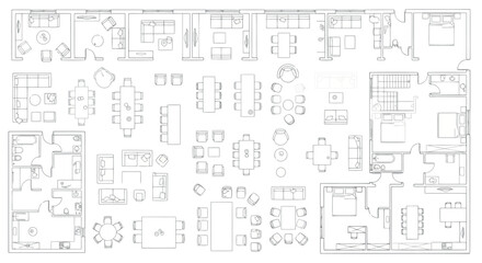 Vector vector art of collection of floor plan layouts with furniture, transparent background