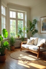 Serene living room filled with natural light, plants, and comfortable furniture creating a calming and peaceful atmosphere, perfect for relaxation and self-care , calm, wellbeing, simple living
