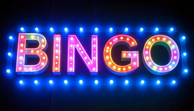 ​A bright, neon-lit sign with the word BINGO in colorful letters, surrounded by a border of blue lights, set against a dark background.