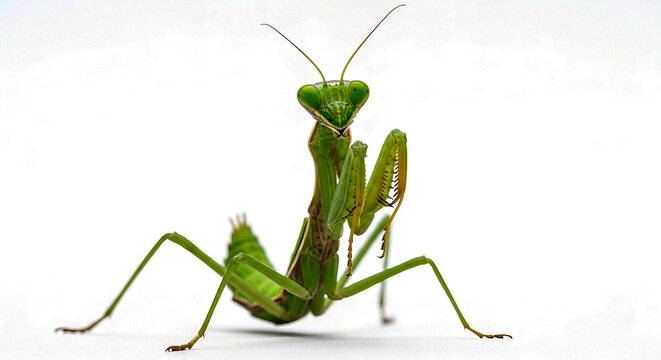 Praying mantis nymph (Mantis religiosa) standing pose isolated macro on white background
 