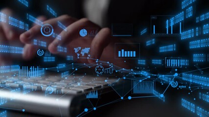 A close-up view of hands typing on a keyboard with digital graphs and data visualizations overlaying, symbolizing modern data analysis in a business environment. Xenic - Powered by Adobe