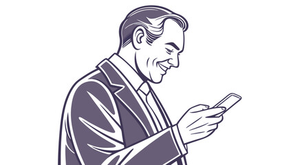 Smiling businessman using smartphone profile view vector illustration business communication mobile technology digital communication corporate style professional happy success elegant suit tie cellph.