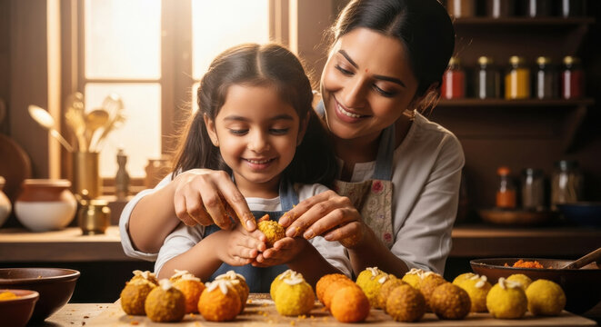 happy indian mother and daughter making sweets together on diwali festival