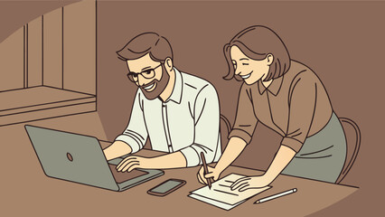 Smiling colleagues collaborating on a project using laptop and paperwork.