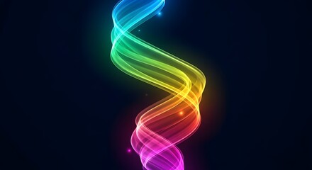 Abstract rainbow colored swirling light streak with glowing particles against a dark background, digital art
