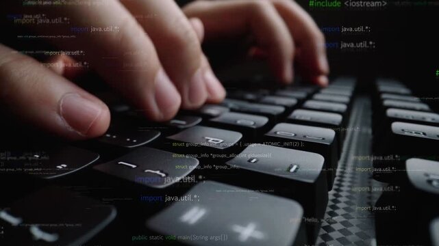 Close-up shot of fingers actively typing on a computer keyboard, with floating code snippets in the background, illustrating programming and digital technology in action. Xenic