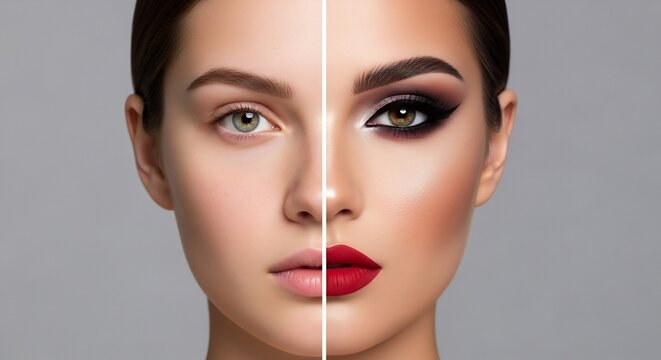 Womans face half with makeup red lips dark eyes half without separated by a white line