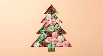Festive christmas tree made of colorful yarn balls on a beige background, creating a cozy and handmade holiday atmosphere for seasonal celebrations