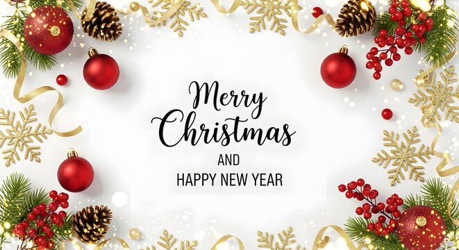 Merry christmas and happy new year greeting card with festive decorations, including red ornaments, pine cones, snowflakes, and gold ribbons on white background