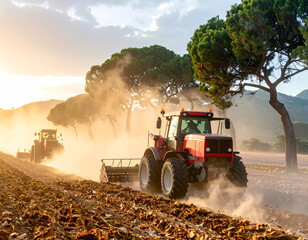 Fototapeta premium Agricultural tractors plowing field at sunset farming and rural scene