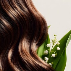 Naklejka premium Brown wavy hair with lily of the valley flowers on white background