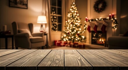 Warm and inviting christmas scene with a rustic wooden table in the foreground, a beautifully decorated christmas tree, and a cozy fireplace in the blurred background