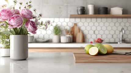 Ai fresh lemons and limes on a wooden board with flowers in a modern kitchen setting during daylight