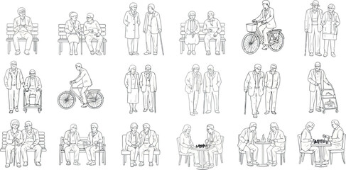 Vector vector art of collection of line art sketches depicting elderly people engaged in various activities, transparent background