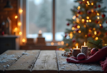 Cozy Christmas Background Wooden Table with Candles and Festive Decorations