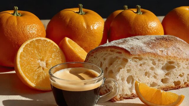fresh morning espresso with rustic bread and juicy oranges in natural sunlight  espresso coffee, artisan bread, fresh oranges