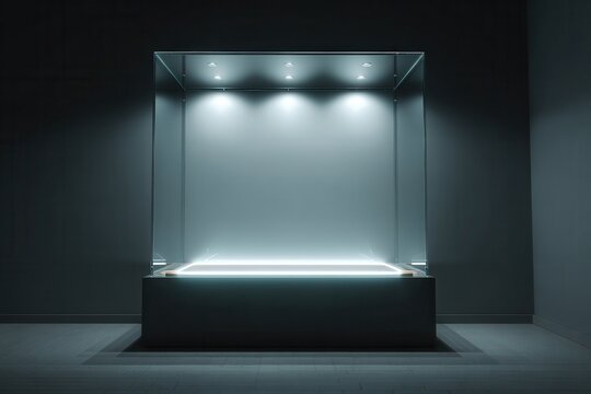 Vibrant photo of large square glass box on an empty black background, illuminated from the inside with white lights and a modern design display case for displaying products or.