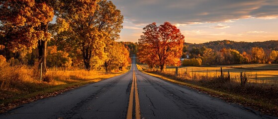 View down long empty country road flanked by trees in full autumn color, leading to distant horizon. Sense of journey, reflection, immense natural copy space.