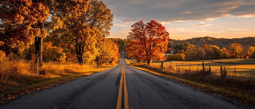 View down long empty country road flanked by trees in full autumn color, leading to distant horizon. Sense of journey, reflection, immense natural copy space.