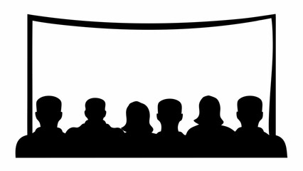 Silhouette of a group of people sitting in front of a large screen, possibly in a theater setting or cinema