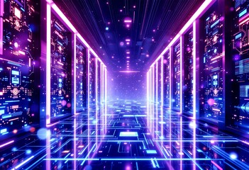 Cyberpunk Data Center: Neon Grid in Digital Space