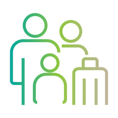 Simple gradient line icon of a family with a child and luggage, representing the concept of group travel, vacation, and tourism together