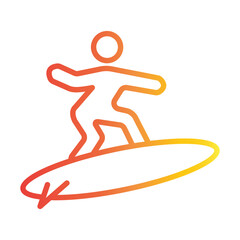 Minimalist gradient line icon of a surfer in action on a surfboard. Vector graphic symbol for water sports, beach lifestyle, and summer vacation