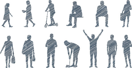 Vector vector art of set of silhouette figures of people in various poses and activities, including walking, sitting, and riding a scooter, transparent background