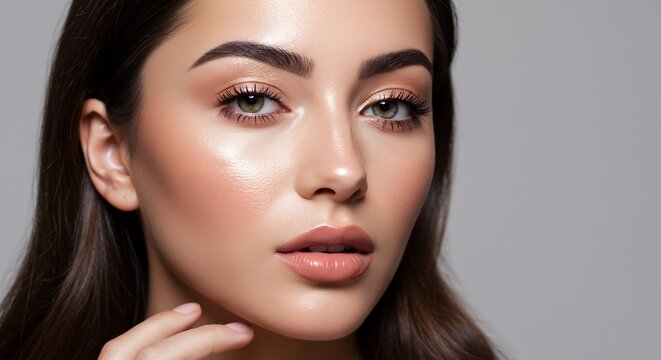 Womans face with makeup brown hair and glowing skin closeup