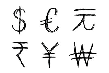 Hand drawn multiple currencies symbol set Dollar euro yuan yen won rupee