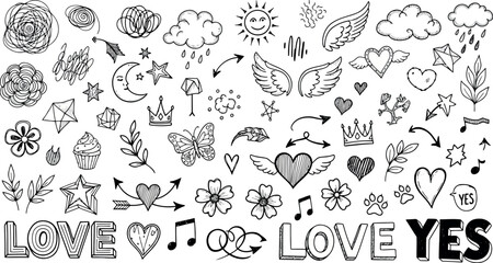 Vector vector art of collection of handdrawn doodle elements including hearts, stars, clouds, wings, and floral motifs, transparent background © SampaRani