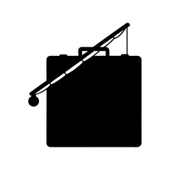 Silhouette of a vintage suitcase topped with fishing pole angling adventure