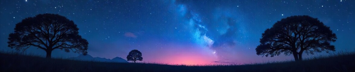 Fototapeta premium Silhouette of trees against a starlit night sky, evoking a sense of mystery and quiet contemplation Perfect for spiritual, meditation, and nature themes , shadows, awe, forest