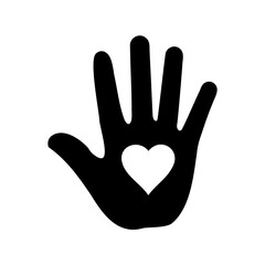 A black hand silhouette with a white heart, a symbol of love